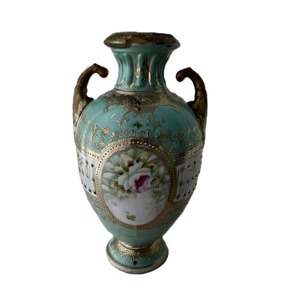 Vintage Nippon Double Handle Hand Painted Flower Vase Urn - Picture 1 of 7